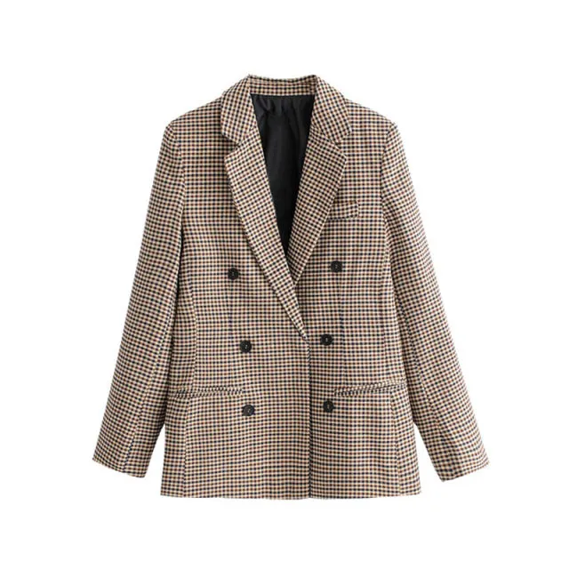 Wjczt Women Fashion Office Wear Double Breasted Check Blazers Coat Vintage Long Sleeve Pockets Female Outerwear Chic Tops