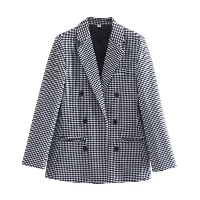 Wjczt Women Fashion Office Wear Double Breasted Check Blazers Coat Vintage Long Sleeve Pockets Female Outerwear Chic Tops