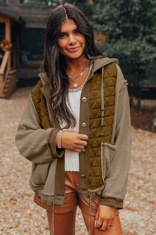 Women Textured Patchwork Loose Fit Hooded Jacket