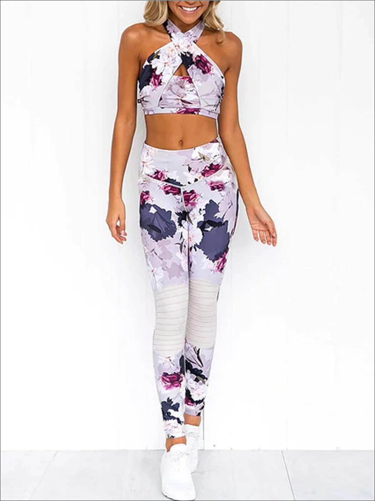 Women's Quick Dry Floral Cross Front Crop To Legging Set