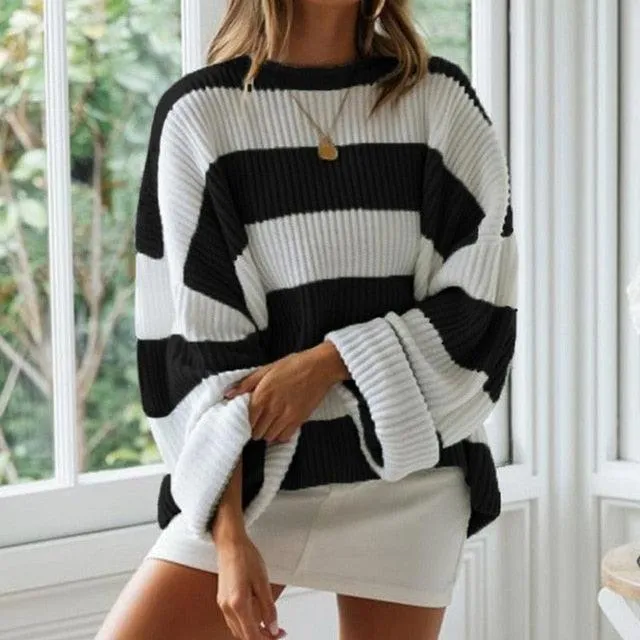 Women's Winter Sweater - Stripes Pullover Long Sleeve O-Neck Curling Loose Ladies Sweaters (D23)(TB8C)